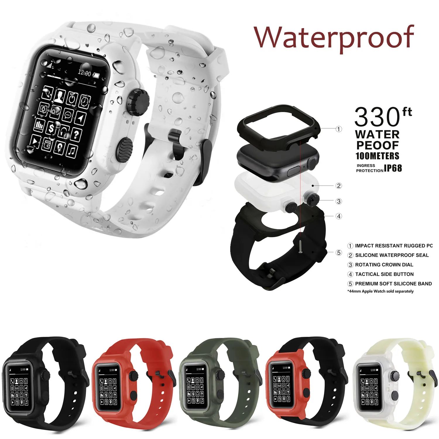 

Чехол для Apple Watch 4 5, 44 мм, водонепроницаемый защитный чехол, спортивный силиконовый ремешок для Apple Watch 42 мм серии 2/3, ремешок для часов