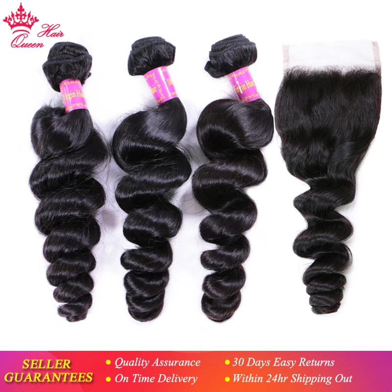 

Queen Hair Official Store Top Quality Brazilian Loose Wave Bundles With Lace Closure 100% Virgin Human Raw Hair Natural Color