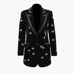 Luxurious Designing Novelty Runway Handmade Bees Beading Blazers Notched High Street Women Velvet Long Qaulity Trend Blazer