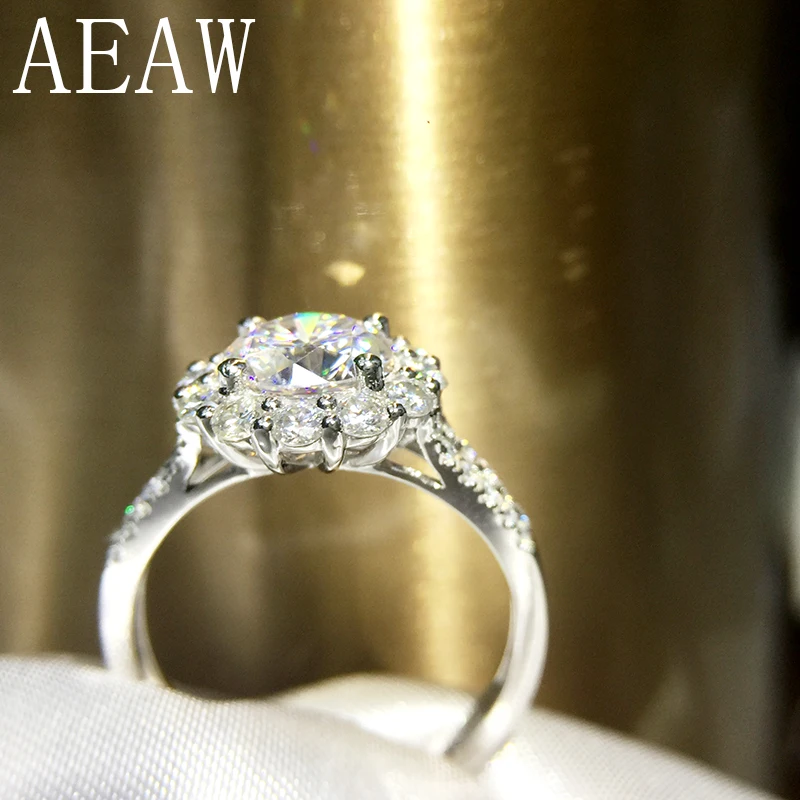 AEAW 2 Carat ct 8mm Round Cut DF Color Engagement&Wedding Moissanite Diamond Ring Halo Ring Genuine 14K 585 White Gold