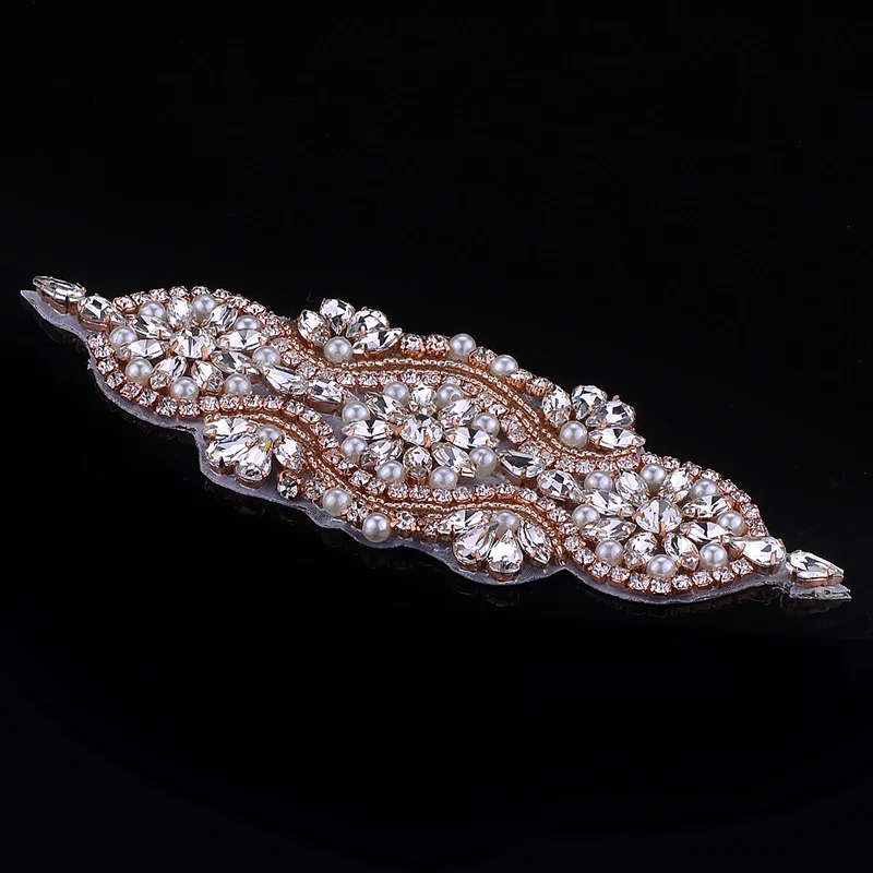 Rose gold crystal bridal beaded rhinestone applique patch for wedding dress garments bag WDD0358