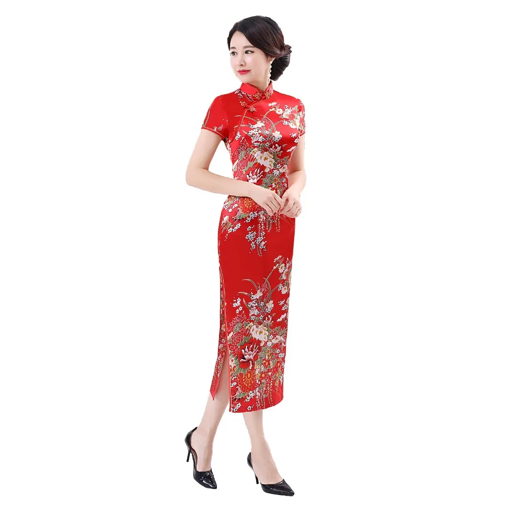 

Шанхай история длинное Qipao атласное Cheongsam китайское традиционное платье с коротким рукавом из искусственного шелка длинное китайское платье