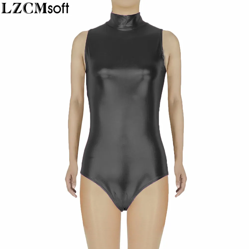 LZCMsoft Women Shiny Metallic Sleeveless Leotards Adult Black High Neck Gymnastics Leotard One Piece Bodysuit Ballet Dance Tops