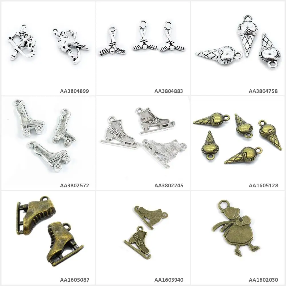 Antique Bronze Silver Plated Jewelry Making Charms Girl Skating Ice Skate Shoes Cream Roller Skates Hockey Stick Crafting Craft