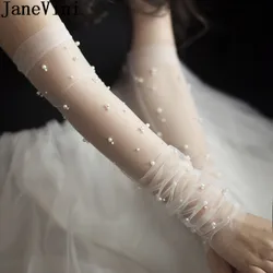 JaneVini 50CM Bridal Sheer Tulle Gloves DIY Long Wedding Gloves for Bride Ivory Pearls Decoration Fingerless Bridal Party Gloves