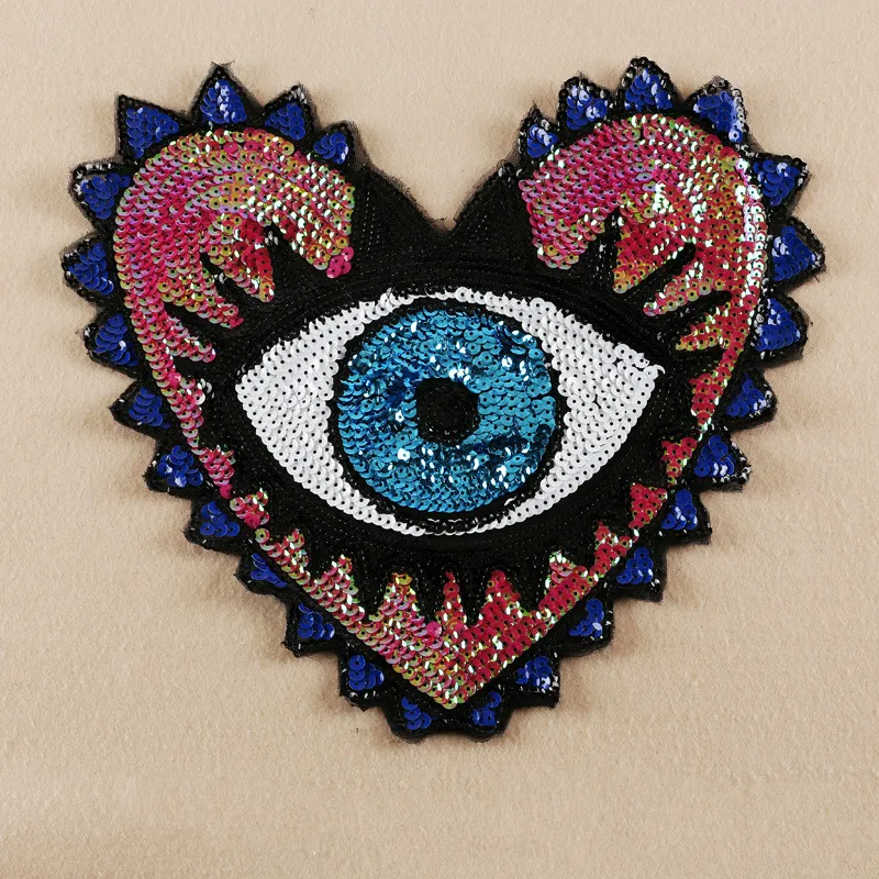 Large Heart with Eye Sequin Patch Sew Applique Embroidered Patches Sew on Sticker for Clothes Garment Coat DIY Accessory Parches