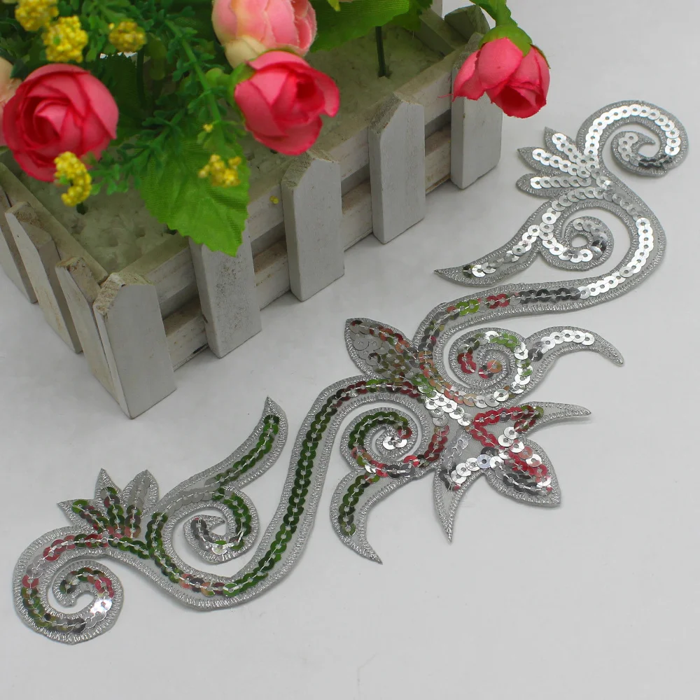 1 Piece Sequined Flower Appliques Iron On Gold Embroidery Patches Cosplay Trims Hair Accessory 30*10cm