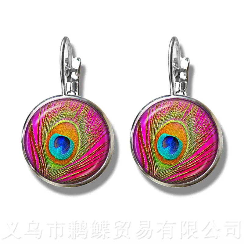 Peacock Pattern Glss Dome Earrings New Fashion Round Glass Peacock Feathers 16mm Glass Dome Stud Earrings For Women