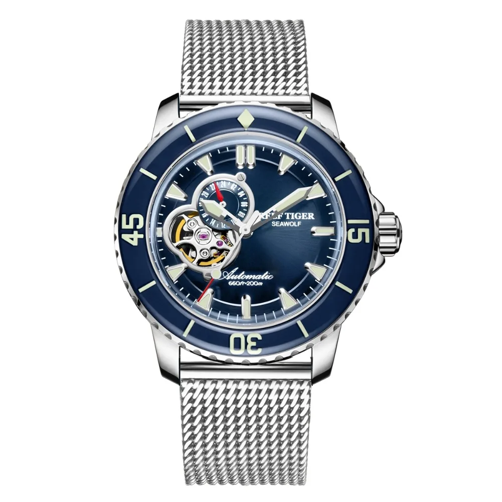 Reef Tiger RGA3039 Men 200M Waterproof With Super Luminous Hallow-out Dial Automatic Mechanical Wrist Watches - Steel