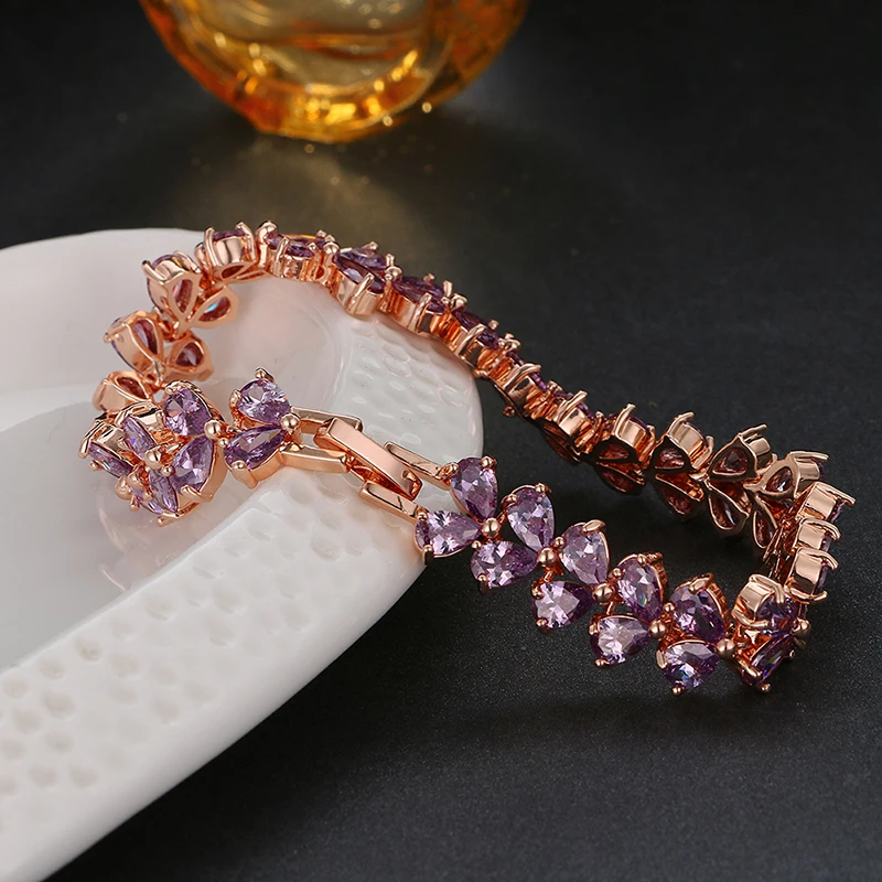 Emmaya Luxury Purple Cz Bangle Bracelet Unique Design Rose Gold Color Pear Cut AAA Cubic Zirconia Bracelets for Women