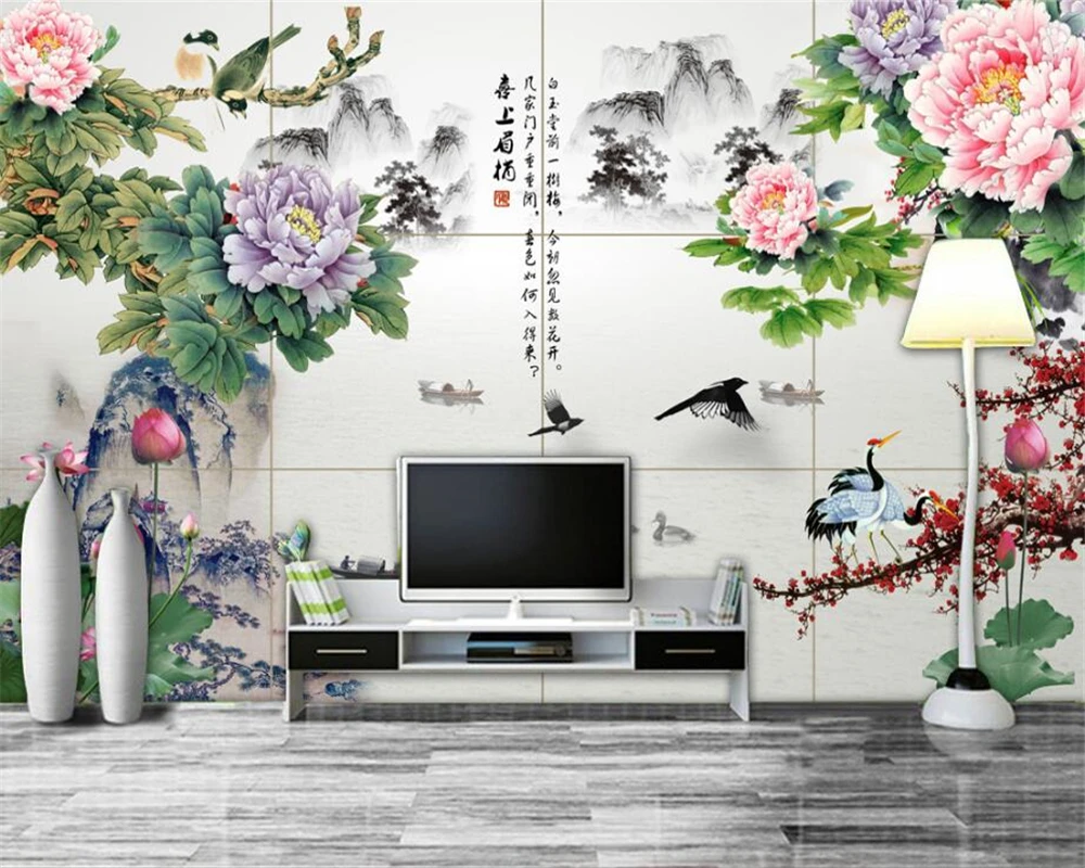 

Custom wallpaper home decoration murals Chinese peony flowers plum ink painting TV sofa background murals 3d wallpaper