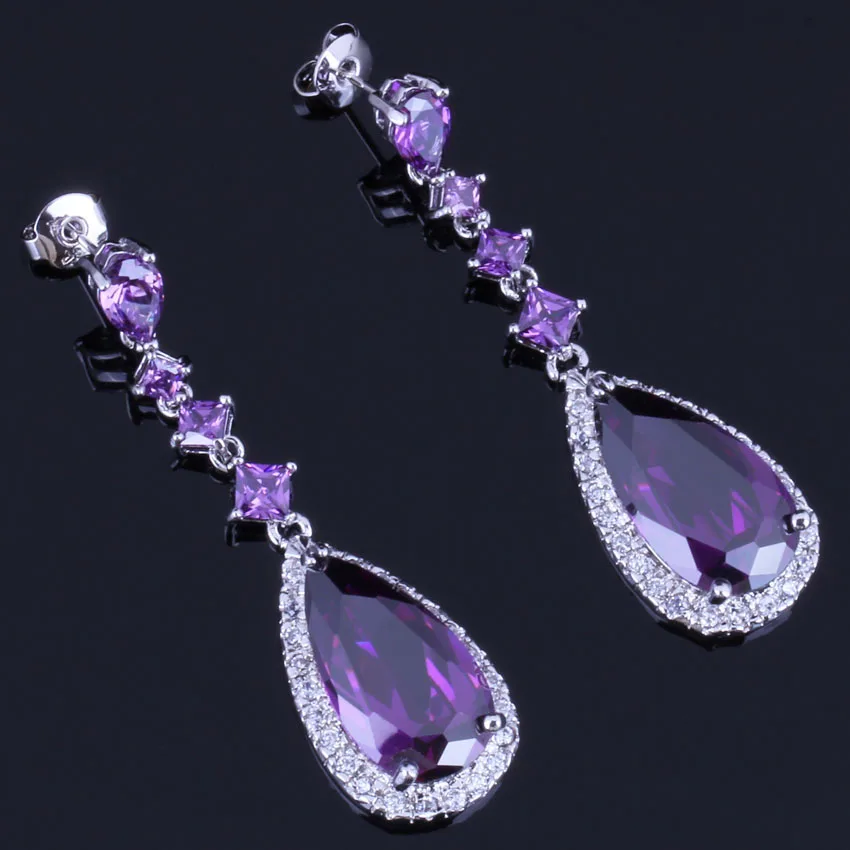 Precious Long Water Drop Purple Cubic Zirconia White CZ Silver Plated Drop Dangle Earrings V0782