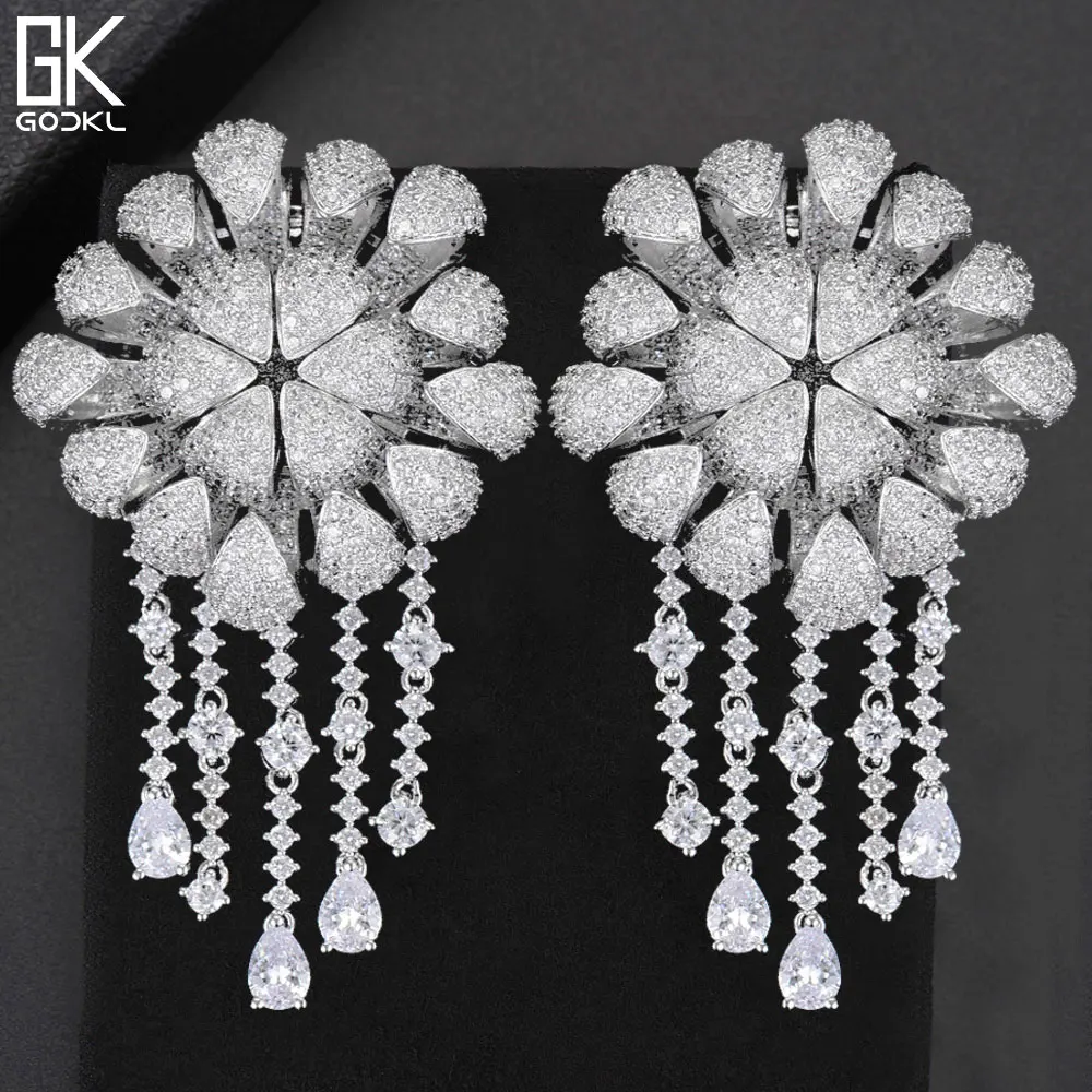 GODKI 72mm Luxury Daisy Flower Nigerian Tassels Long Dangle Earring For Women Wedding Zircon Crystal Dubai Bridal Earring