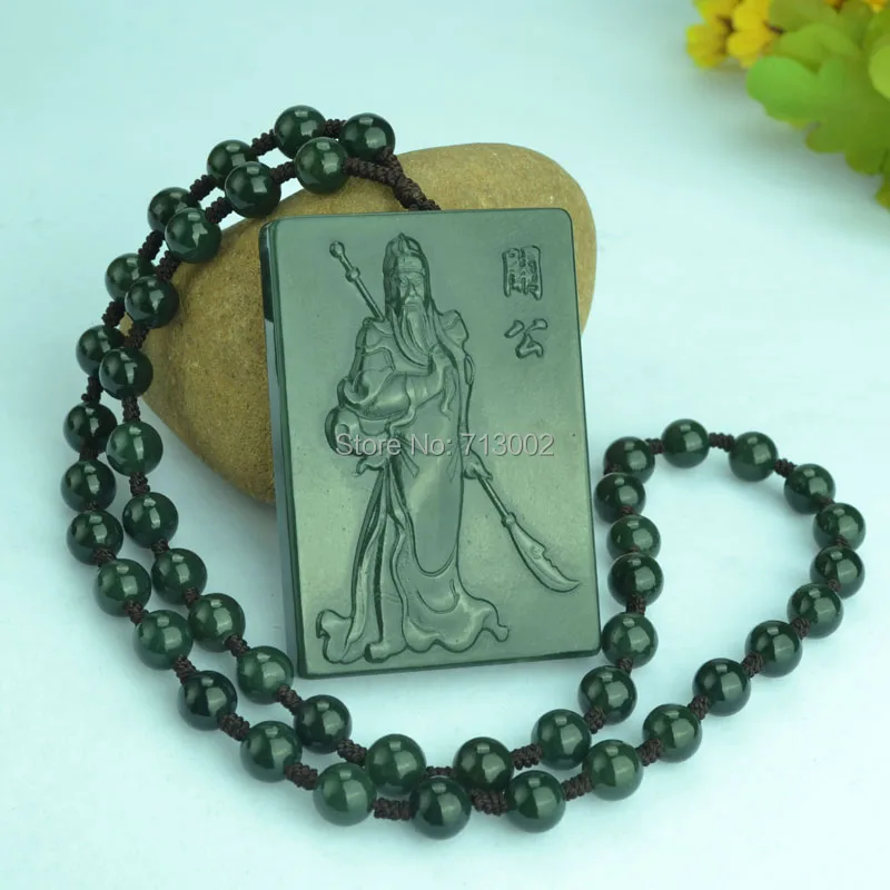 

Nature bottle green Jade Guan Yu Amulet Pendant jadite Bead Necklace Talisman -lar