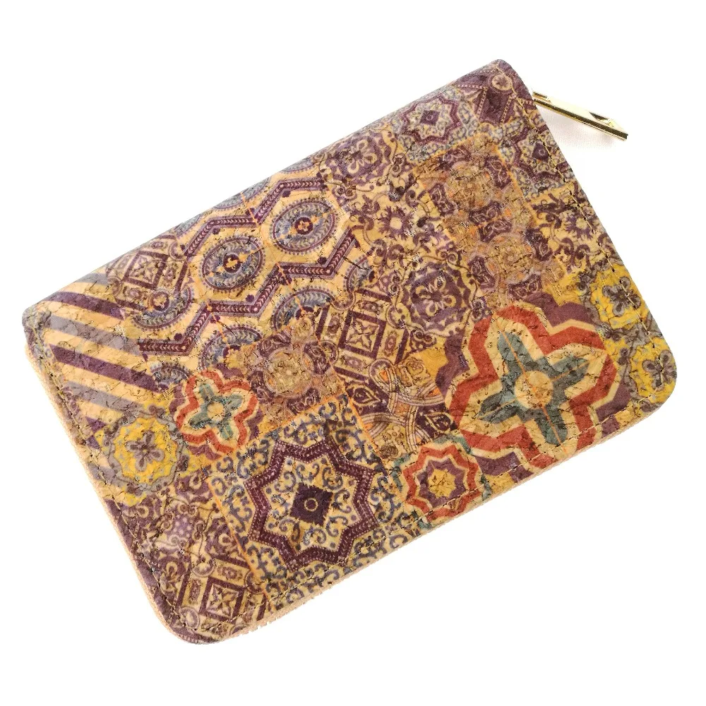 Portugal Tile Pattern Natural Cork Short Card Wallets for Women Vegan Leather Purse