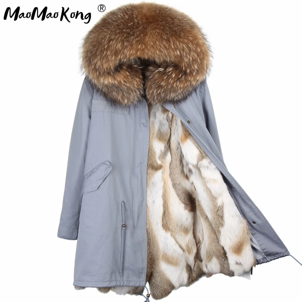 MAOMAOKONG Fashion Women\'s Real Rabbit Fur Lining Winter Jacket Coat Natural Fox Fur Collar Hooded Long Parkas Female Outwear