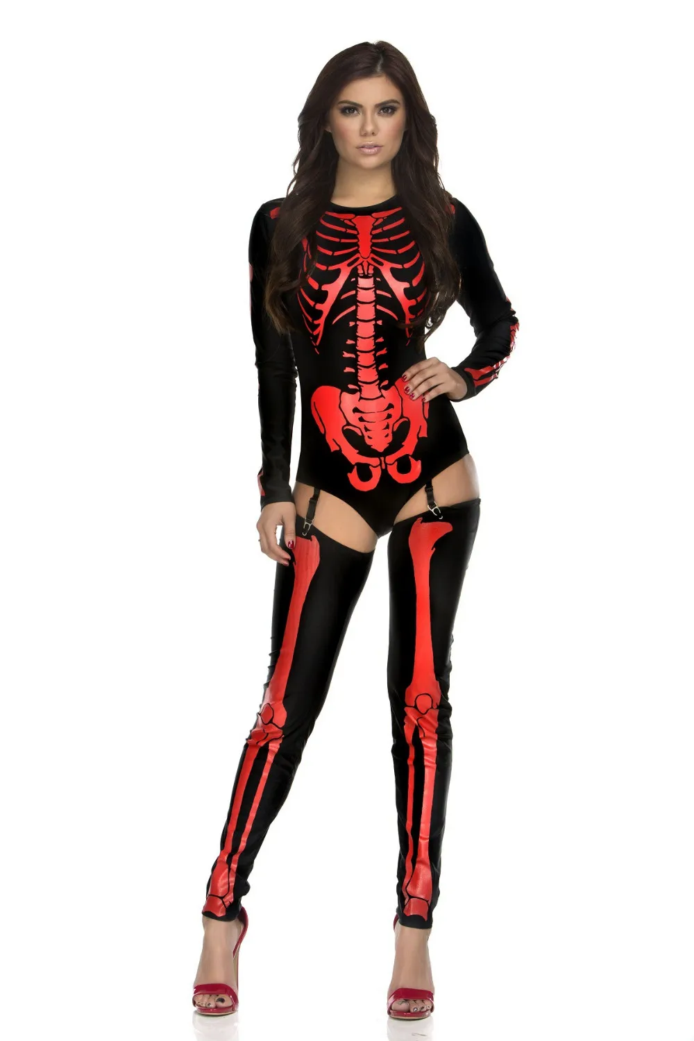 Female Human Bone Costume Scary Halloween Costumes For Women Skeleton Skull Bodysuit+Socks