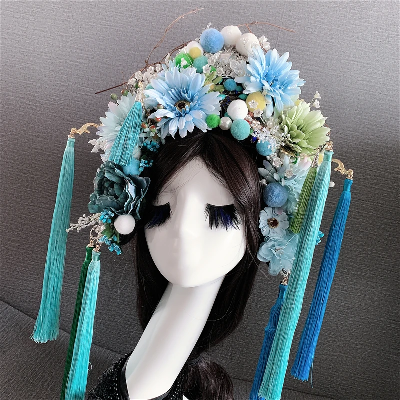 7 Designs Bobbles Queen Tassel Tiara Exaggerate Personality Stage Show Model Hair Tiara Thematic Photography Peking Opera Hat