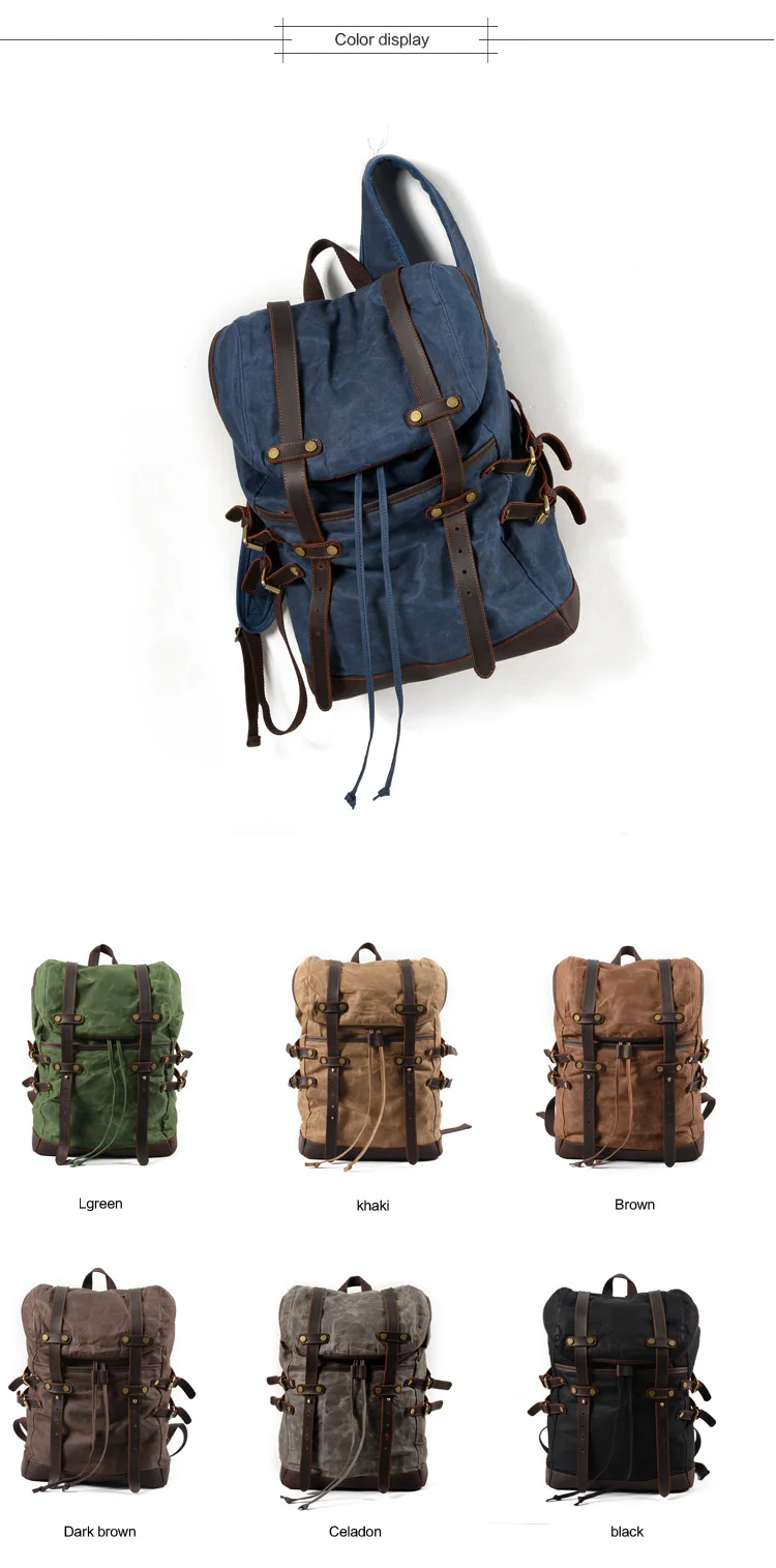 MUCHUAN 15.6 "Laptop Rucksack Vintage Große Kapazität Öl Wachs Wasserdichte Rucksäcke Teenager Leinwand Leder Kordelzug Rucksäcke – Detail 2