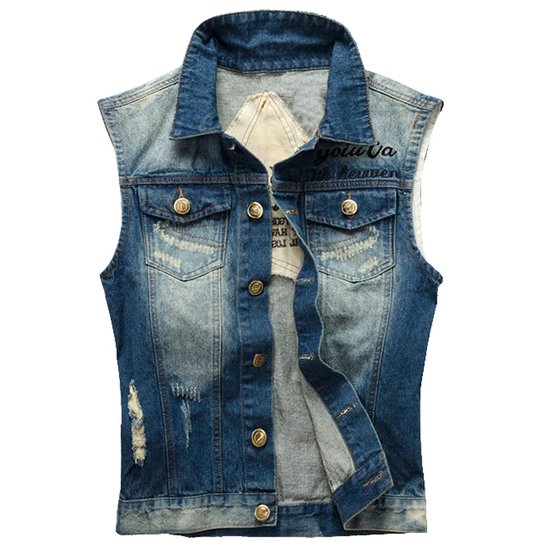 Sokotoo Men\'s  denim vest male five-pointed star letter outerwear patchwork denim jacket Plus large size tank top