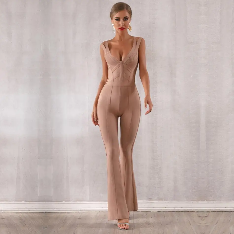 Winter Celebrity Party Bandage Jumpsuit Women Spaghetti Strap V-Neck Sexy NightClub Full Length Jumpsuit Vestidos Woman Clothing