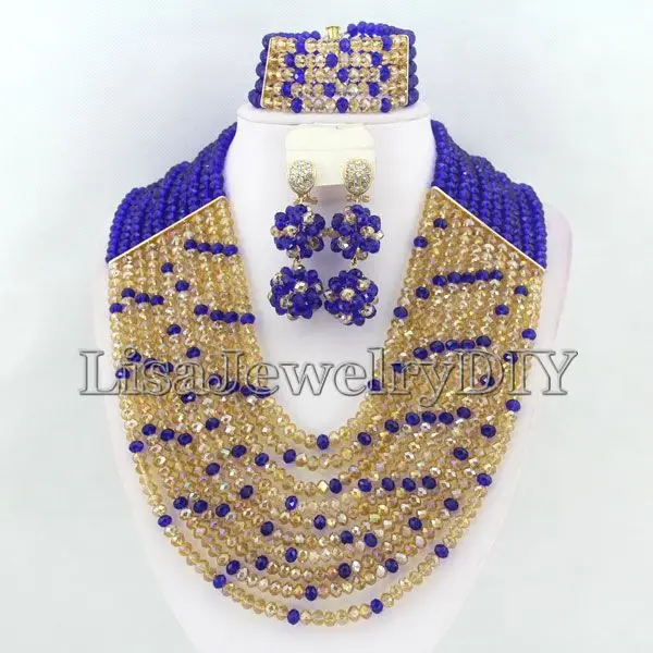 

Royal Blue&Champagne African Crystal Party Beads Jewelry Sets Nigerian Wedding Beads Jewelry Sets HD3931