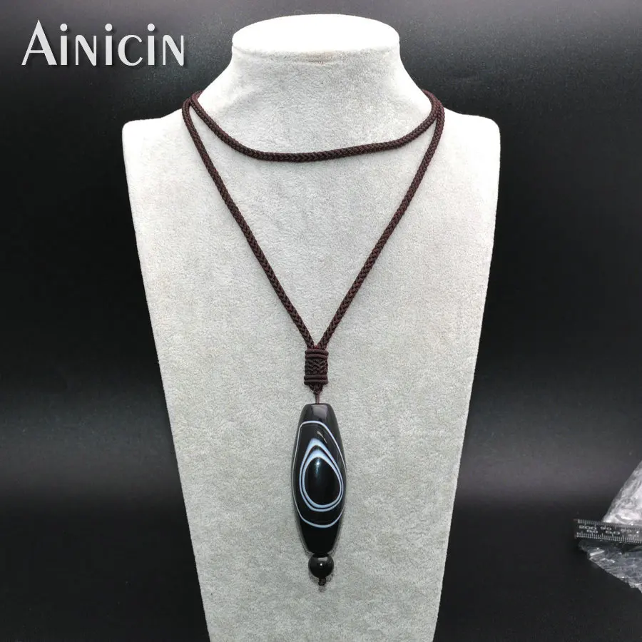 New Arrival Tibetan 60mm Long Barrel Shape Black White One Eyes Dzi Beads Fashion Pendant Necklace 55cm Chain Jewelry For Unisex