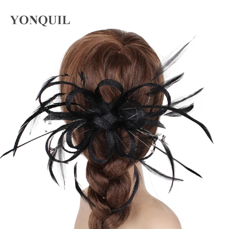 Women Bride Elegant Wedding Headwear Fashion Fascinator Hat Sinamay Headdress Hair Pin Fancy Feathers Hair Accessories Ladies