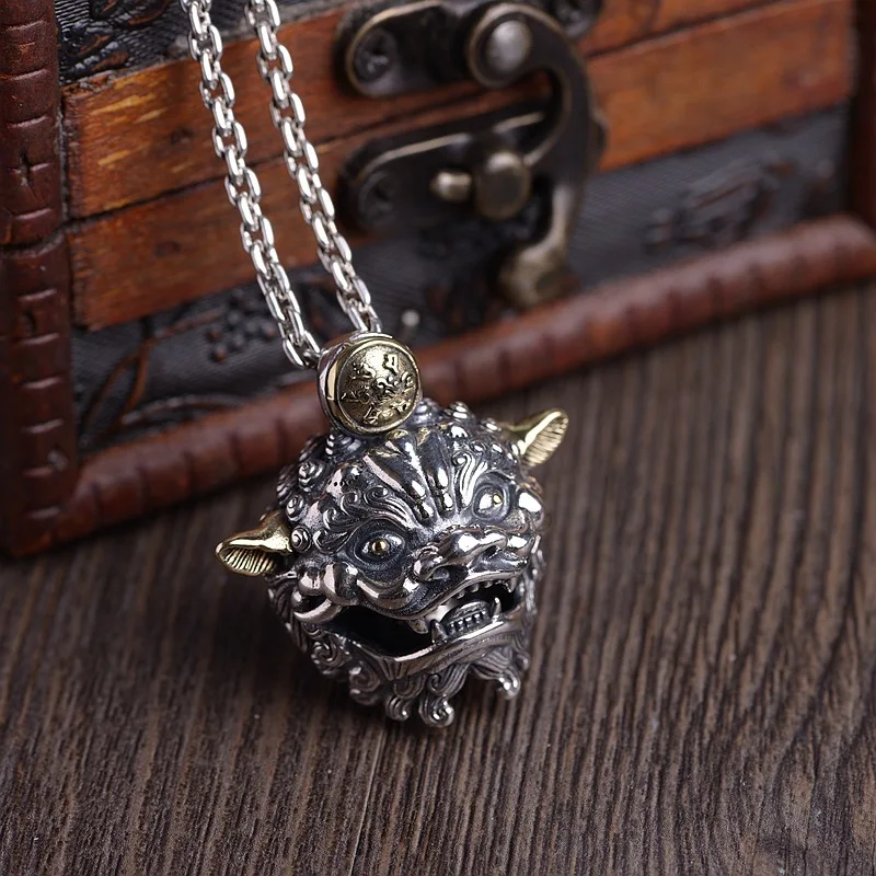 S925 silver retro craft male six-character truth-speaking beast bell pendant free shipping
