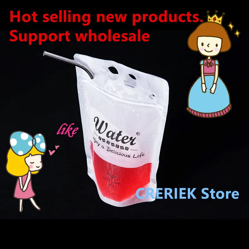 

100pcs 450 ml New Design Plastic Drink Packaging Bag Pouch for Beverage Juice Milk Coffee, with Handle and Holes for Straw