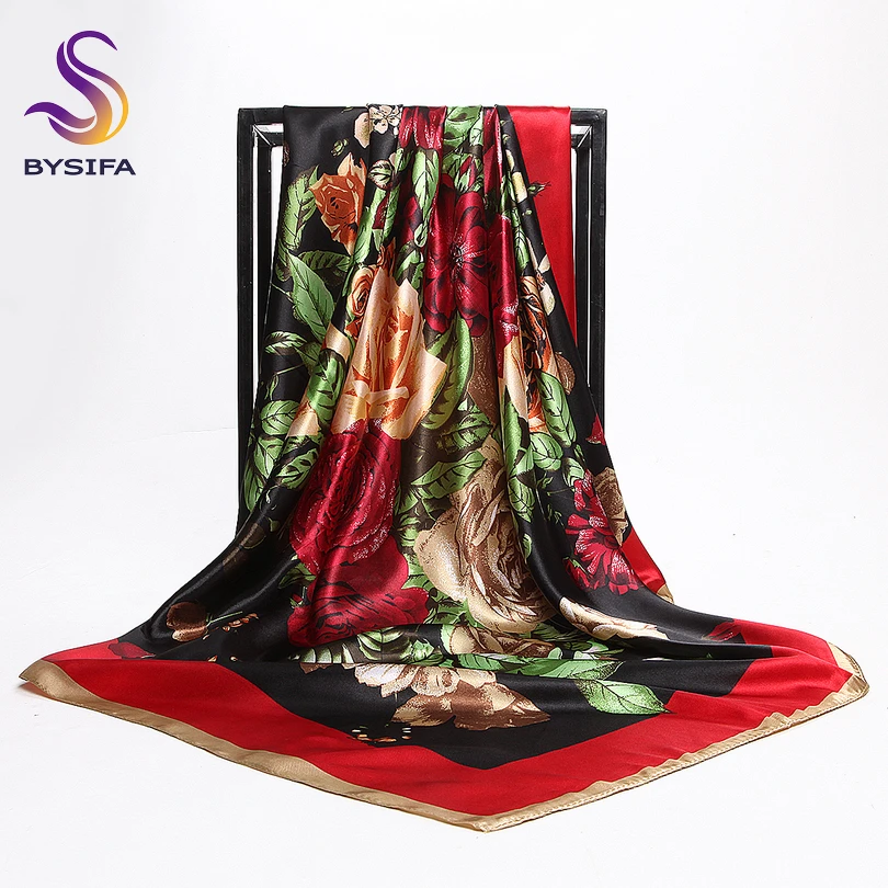 [BYSIFA] China Roese Large Square Scarves For Spring Autumn 2017 New Design Red Black Flowers Silk Scarf Brand Muslim Head Scarf