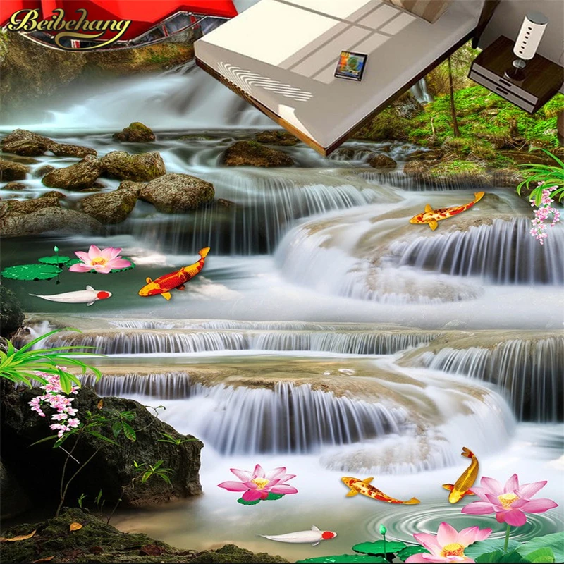 

beibehang Lotus carp waterfall Custom Photo Wallpaper papel de parede 3D flooring Mural Self-adhesive floor tiles Wall paper