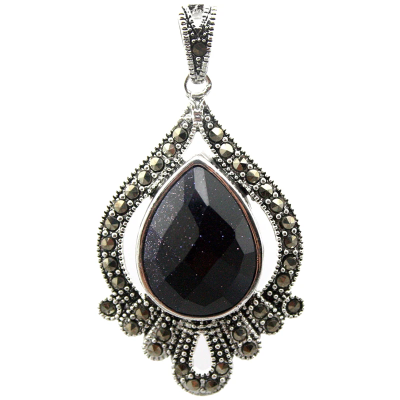 

Marcasite Cute Faceted blue sandstone Teardrop 925 Sterling Silver Pendant 40*20mm