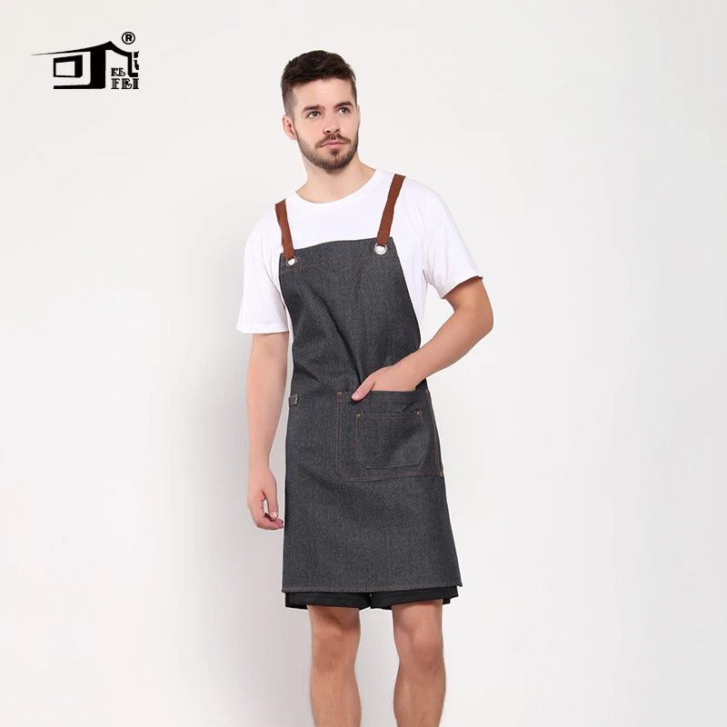 Original KEFEI restaurant accessories leather apron cartoon kitchen bib denim apron logo print vintage aprons for women lady