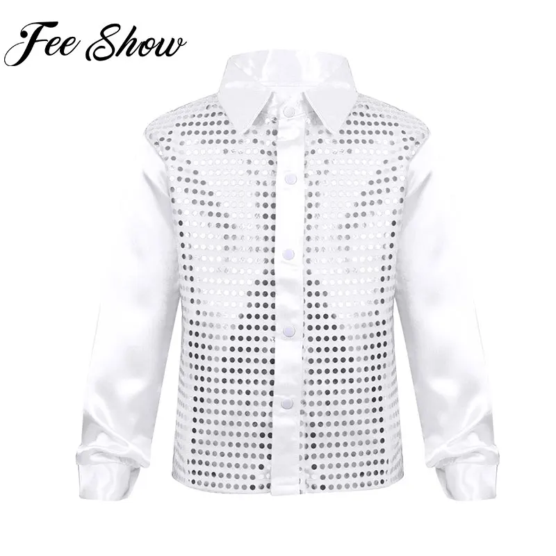 

Shiny Kids Hip Hop Street Dance Tops Costume Boys Sequins Long Sleeve Spread Collar Shirt for Choir Jazz Gym Dancing Performance