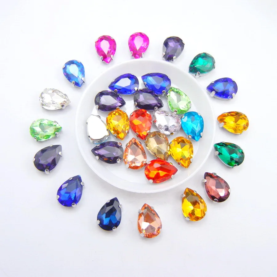 Colorful  glass Crystal Silver claw 7 sizes 25 fancy colors water drop teardrop Sew on rhinestones beads garment bags shoes diy