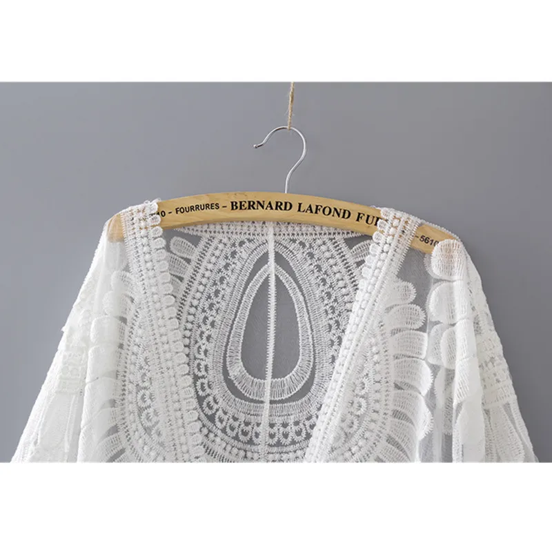 Qiukichonson Women Long Cardigan Summer Bohemian Sweet V-Neck Thin Embroidery Cotton White Lace Cardigan Ladies Sun Protection