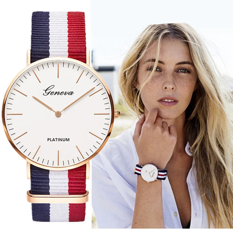 Classic Fashion Stripe Nylon Band Women Watch Top Luxury Brand Men Quartz Wrist Watch Lady Watch Montre Femme Horloge Saat Clock