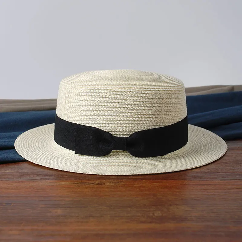 2022 simple Summer Parent-child Beach Hat Female Casual Panama Hat Lady Brand Women Flat brim Bowknot Straw cap girls Sun Hat