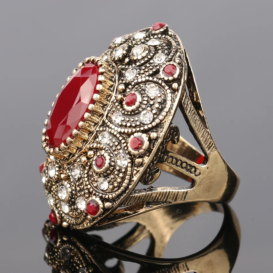 Vintage Indian Jewelry Boho Big Black Red Green Stone Ring Luxury Crystal Antique Gold Wedding Rings For Women 2020 New Arrivals