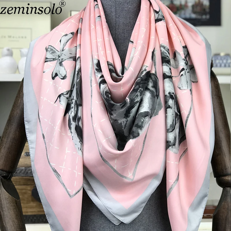 100% Silk Scarf Hijab Foulard Head Scarves Hair Bandana Large Square 130*130cm Silk Twill Scarfs Shawl Wraps Stoles Hand Roll