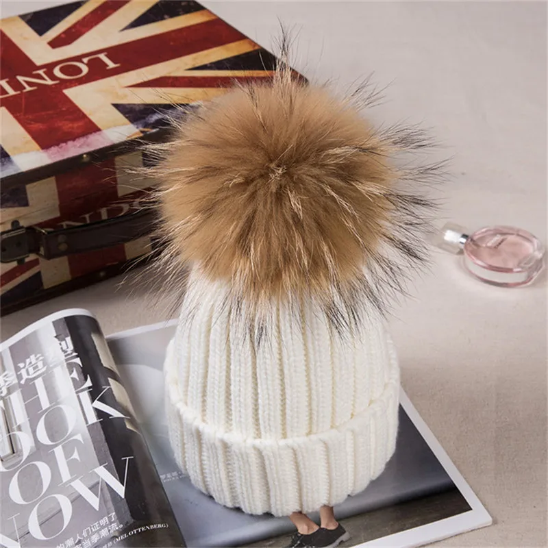 

Winter Female Real Raccoon Fur Pom Poms Hat For Boy's Girl 's Hat Knitted Cap Thick Women Skullies Beanies