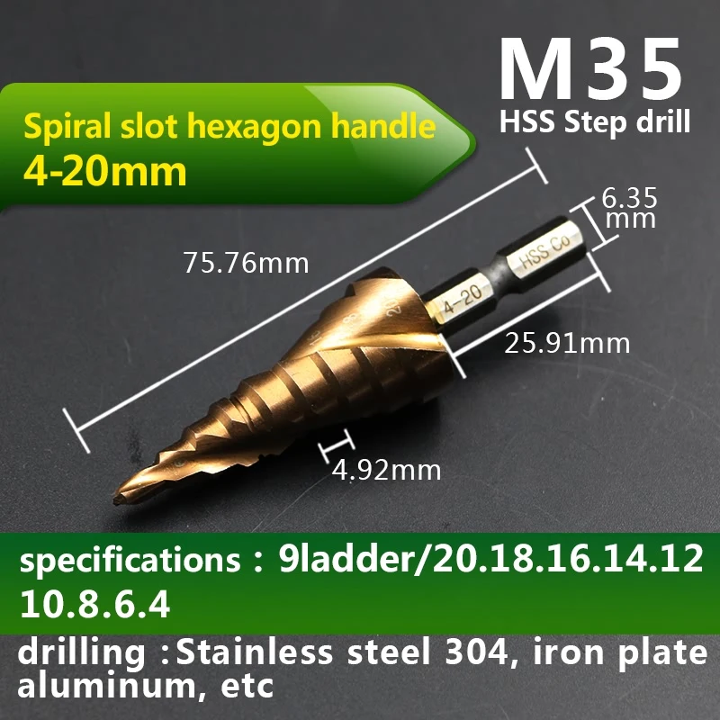 JIGONG HSS-CO M35 Hexagonal Shank Spiral Groove Step Drill Bit Metal Cone Step Drill Bit Stainless Steel Hole Saw Hole Cutter