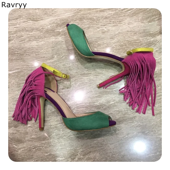 

Summer Woman sandals mixed color high heels cover heel rose fringe decor Sexy Pumps thin heel peep toe female party dress shoes