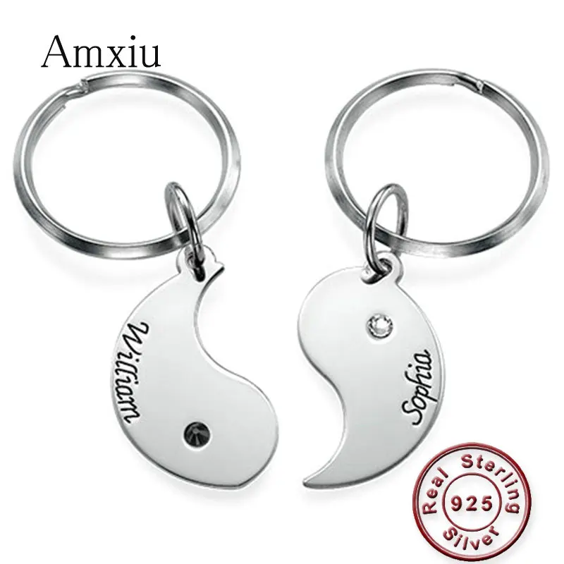 

Amxiu Two Pieces 925 Silver Keychains Custom Name Keychain with Birthstone Personalized Yin Yang Lucky Key Chains For Lover Gift