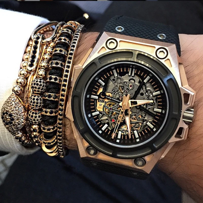 Men Bracelets Gold Color Stainless Steel Bead & 6mm Micro Pave Black CZ Bead Three drill ball CZ Beads Braiding Macrame Bracelet