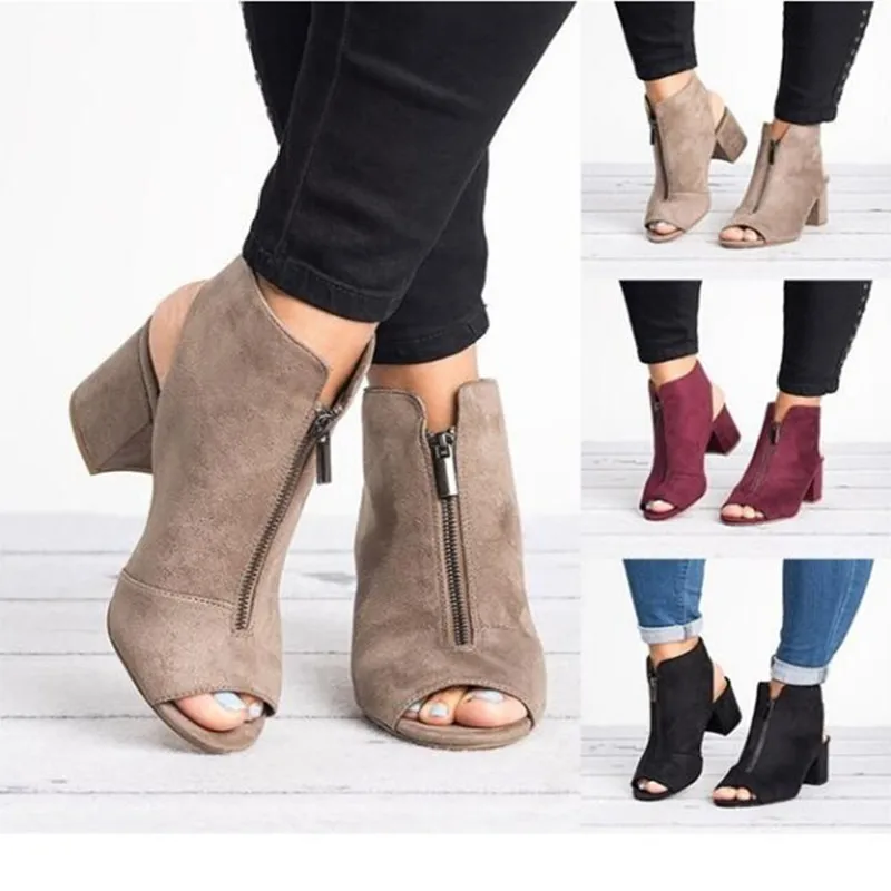 Fashion Ankle Boots Faux Suede Leather Casual Open Peep Toe High Heels Zipper Fashion Square Rubber Black Shoes For Women Size34