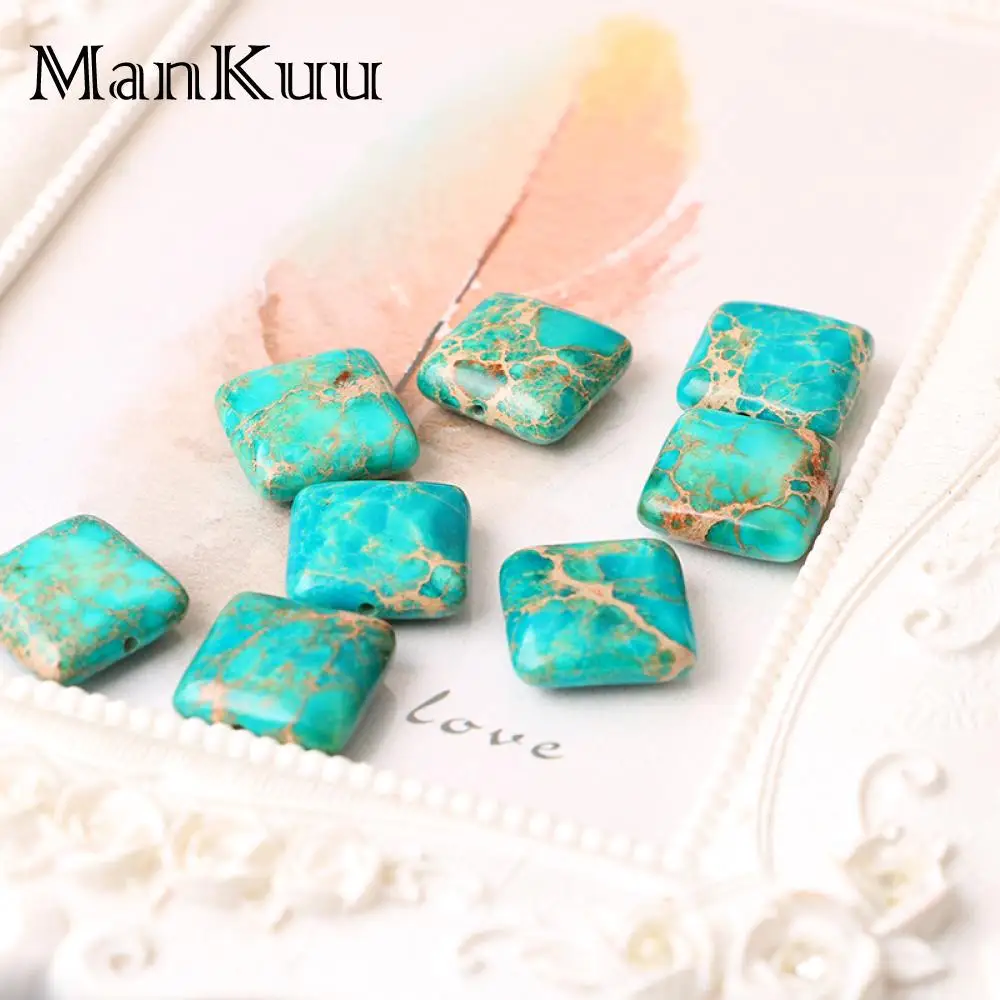 Mankuu 16mm Flat Square Sea Sediment Jaspers Beads Sea Blue Pattern Natural Stone Beads For Jewelry Making Loose Beads 5pcs/Lot