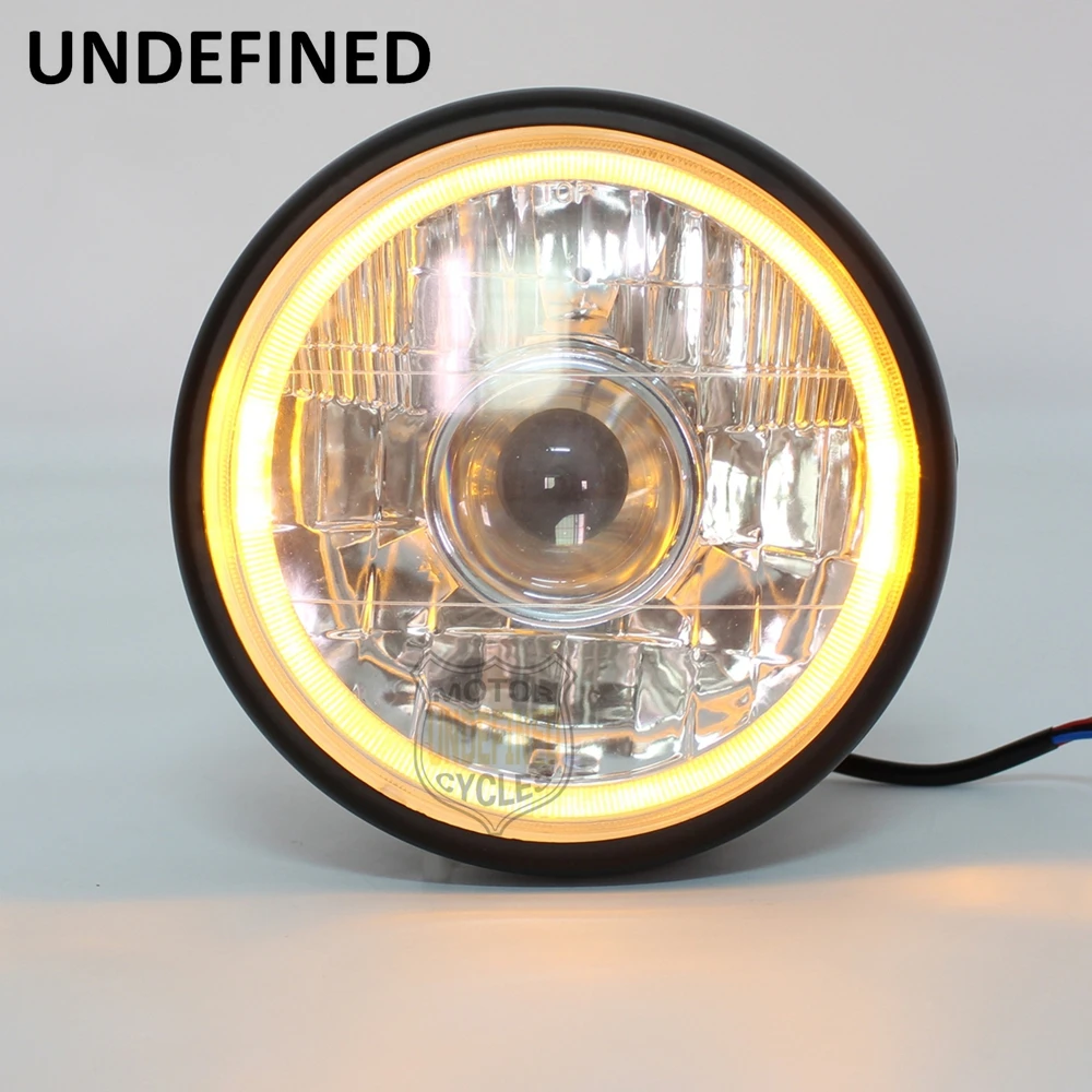 

7.5" Head Light Black Motorcycle Projector Headlights Lamp Amber Halo Ring Hi/Lo Beam For Harley Honda CBR CL Vintage Cafe Racer