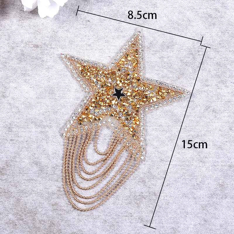 6 Style Luxury Crystal Rhinestone Star Tassel Badge Patches for Clothing Iron on Clothes Jacket T Shirt Appliques Stripe Sticker